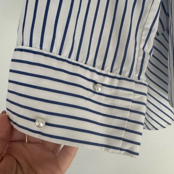 ZARA Blue & White Button-Down Shirt w/ Peplum Back & Pearl Sleeve Accents – S - Picture 4 of 16